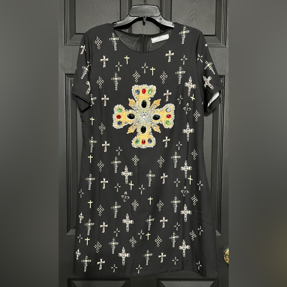 Embellished Black Cross Shift Dress with Multicolor Jewel Accent